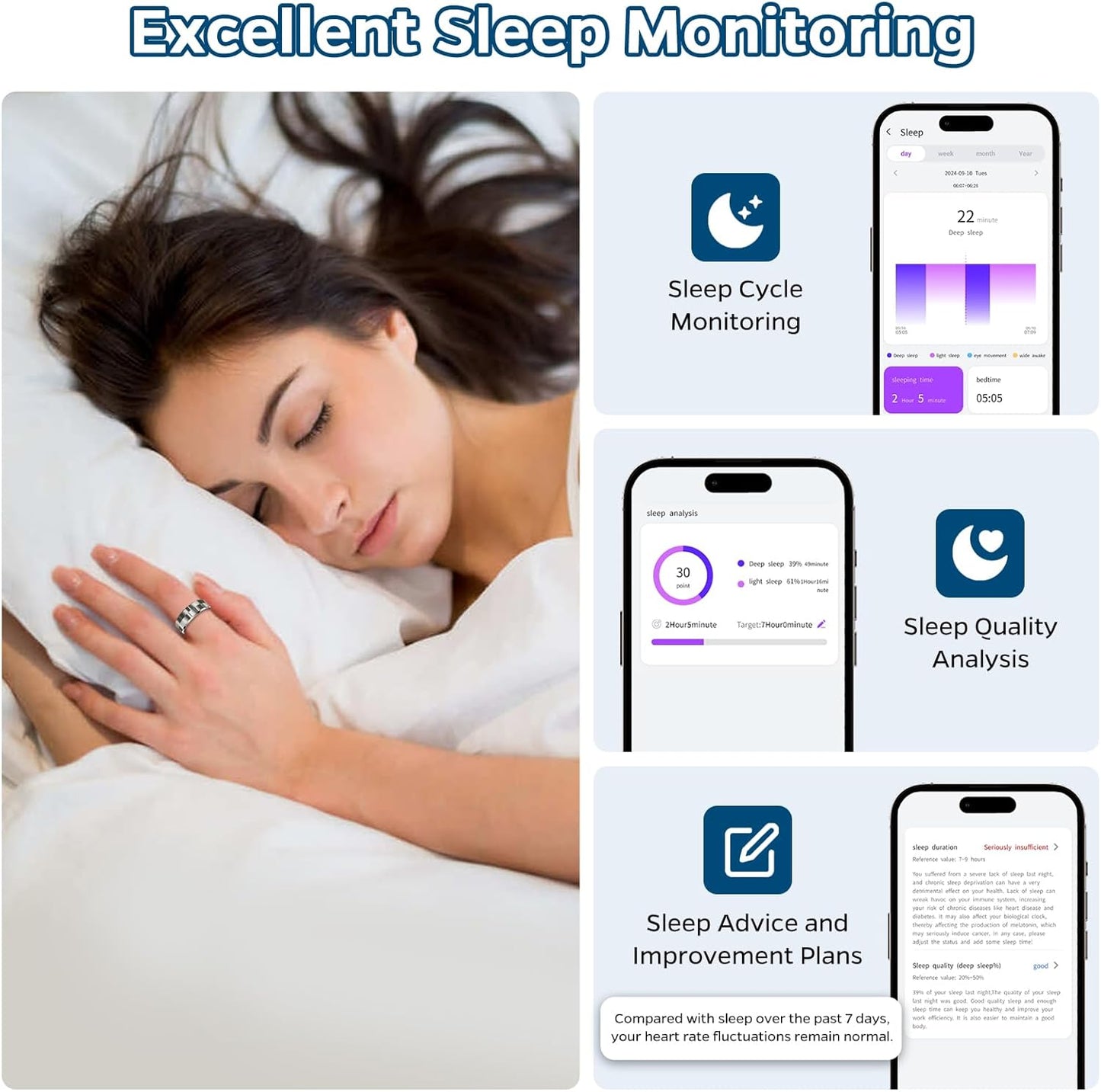 Stylish Smart Ring Health Tracker - Waterproof Sleep & Activity Monitor with Heart Rate, Air Gestures, 7-Day Battery for iOS & Android (Silver #8)