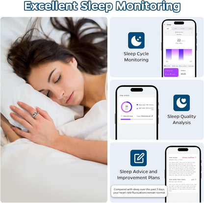 Stylish Smart Ring Health Tracker - Waterproof Sleep & Activity Monitor with Heart Rate, Air Gestures, 7-Day Battery for iOS & Android (Silver #8)